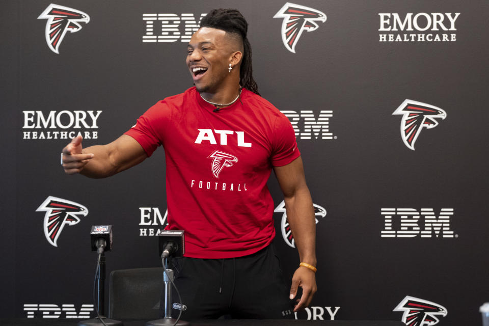Atlanta Falcons first round draft pick Bijan Robinson speaks at an NFL football press conference at the team's training facility in Flowery Branch, Ga., on Friday, April 28, 2023. (AP Photo/Ben Gray)
