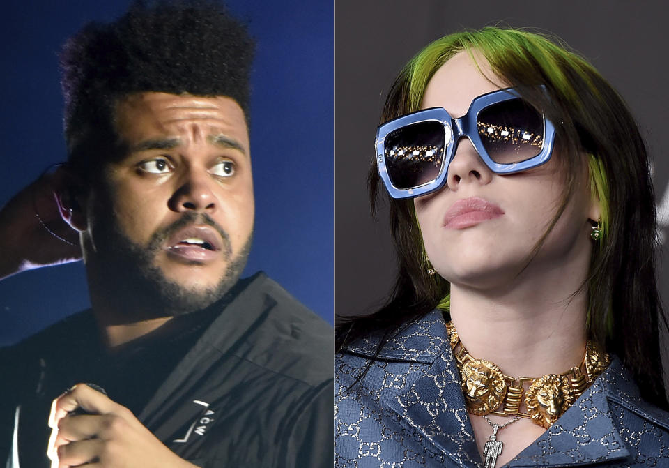 The Weeknd performs at Lollapalooza in Chicago on Aug 4, 2018, left, and Billie Eilish appears at the 2019 LACMA Art and Film Gala in Los Angeles on Nov. 2, 2019. Eilish and The Weekend were nominated for six MTV Video Music Awards. The 2020 MTV Video Music Awards will air live on Aug. 30 from the Barclays Center in Brooklyn. (AP Photo)