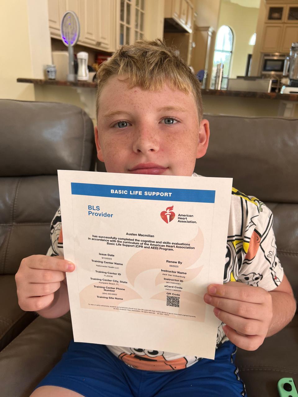 Twelve-year-old Austen Macmillan of Wellington, Florida, earned American Heart Association Basic Life Support certification in a training his mom held at home after he helped save his behavioral therapist from drowning.