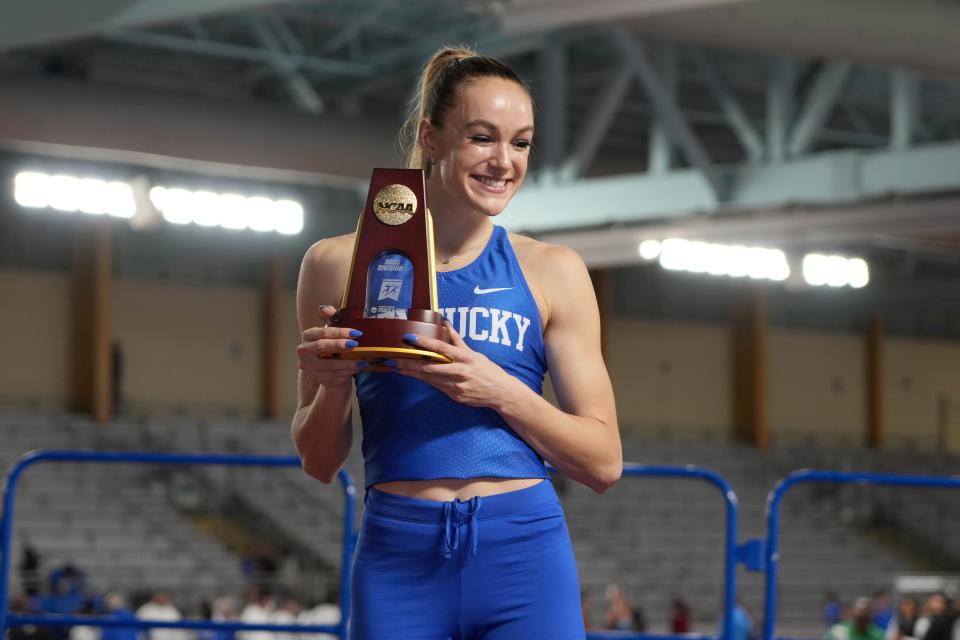 Mar 12, 2022; Birmingham, AL, USA; Abby Steiner of Kentucky poses after winning the women's 200m during the NCAA Indoor Track and Field championships at the CrossPlex. Mandatory Credit: Kirby Lee-USA TODAY Sports