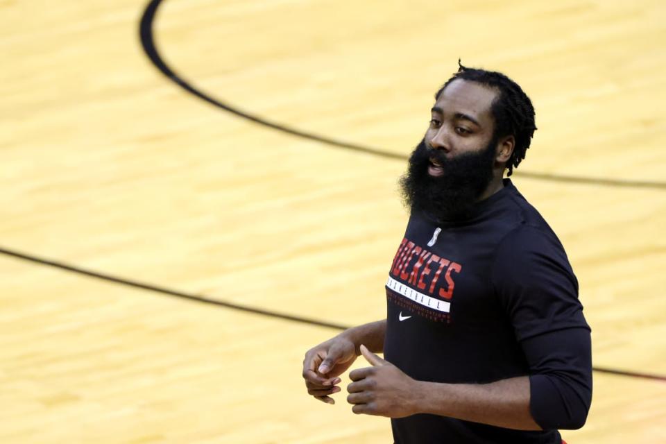 <div class="inline-image__caption"><p>James Harden warms up prior to facing the Los Angeles Lakers at Toyota Center on January 10, 2021, in Houston, Texas.</p></div> <div class="inline-image__credit">Carmen Mandato/Getty</div>