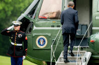 <p>President Obama boards Marine One on the South Lawn of the White House, June 16, 2016, for the short trip to Andrews Air Force Base and then on to Orlando, Fla. (AP/Andrew Harnik) </p>