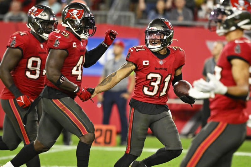 Tampa Bay Buccaneers safety Antoine Winfield Jr. (31) celebrates a fumble recovery against the Jacksonville Jaguars on Saturday at Raymond James Stadium in Tampa, Fla. Photo by Steve Nesius/UPI