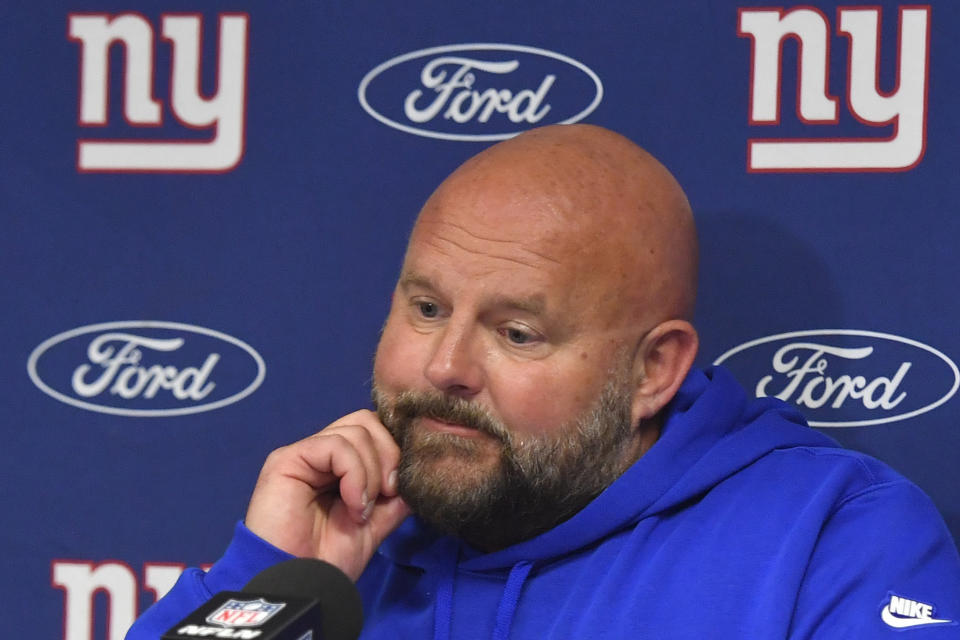 New York Giants head coach Brian Daboll listens to a question after an NFL football game against the Buffalo Bills in Orchard Park, N.Y., Sunday, Oct. 15, 2023. (AP Photo/Adrian Kraus)