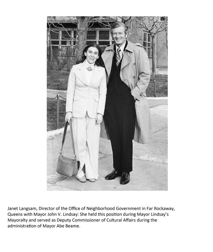 Janet Langsam with New York City Mayor John Lindsay, a Republican. Langsam, who chaired the planning board in northern Queens, was part of a Lindsay pet program to decentralize government. She says it taught her the importance of looking at larger issues through a local lens, something she brought to her work at ArtsWestchester. Langsam retires from ArtsWestchester in June 2024, after 33 years as its CEO.
