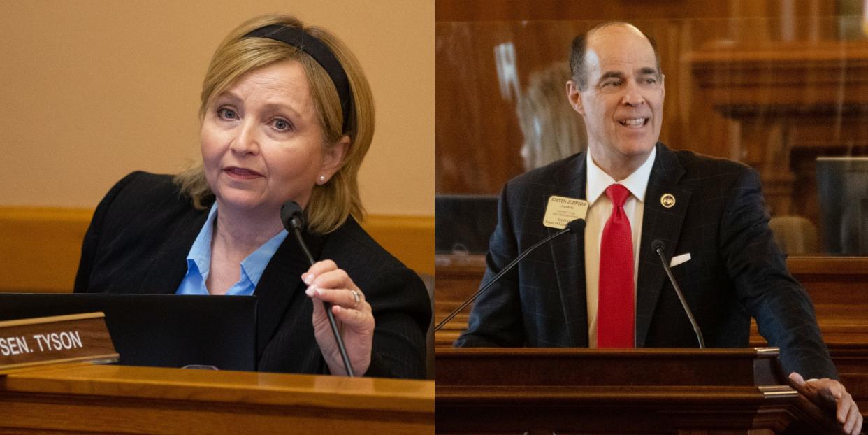 Sen. Caryn Tyson, R-Parker, left, and Rep. Steven Johnson, R-Assaria, are running for the Kansas state treasurer position this year. 