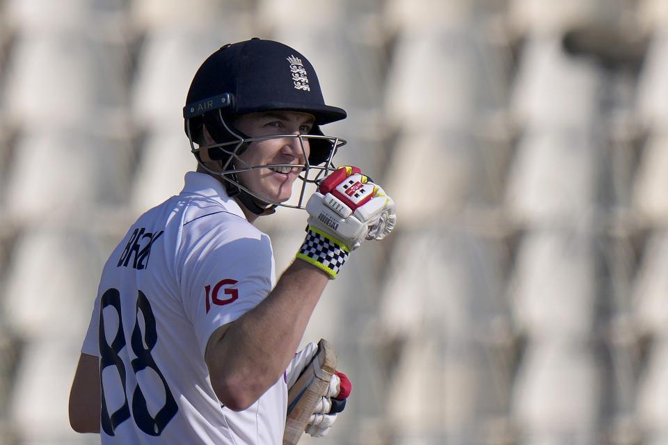 England's Harry Brook celebrates after scoring century during the third day of the second test cricket match between Pakistan and England, in Multan, Pakistan, Sunday, Dec. 11, 2022. (AP Photo/Anjum Naveed)