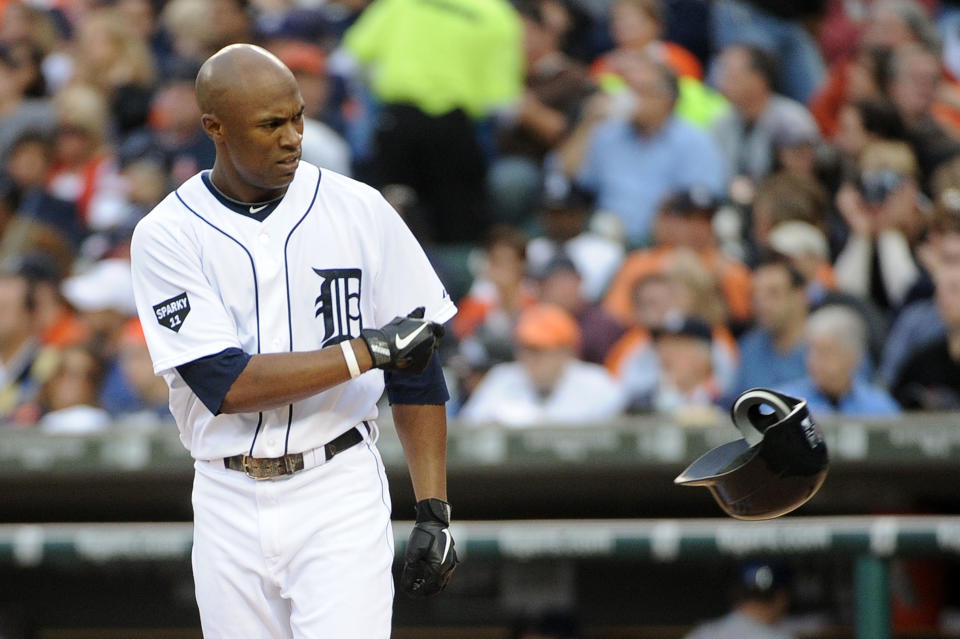 DETROIT, MI - OCTOBER 13: Austin Jackson #14 of the Detroit Tigers reacts after striking out in the fifth inning of Game Five of the American League Championship Series against the Texas Rangers at Comerica Park on October 13, 2011 in Detroit, Michigan. (Photo by Harry How/Getty Images)