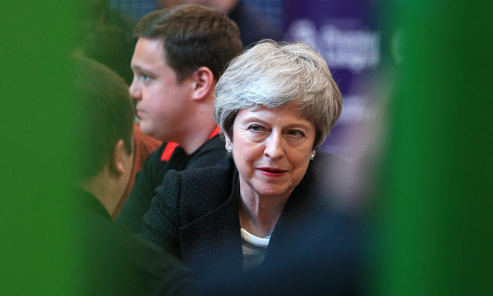 Prime Minister Theresa May during a visit to the Leisure Box in Brierfield, Lancashire, while on the local elections campaign.