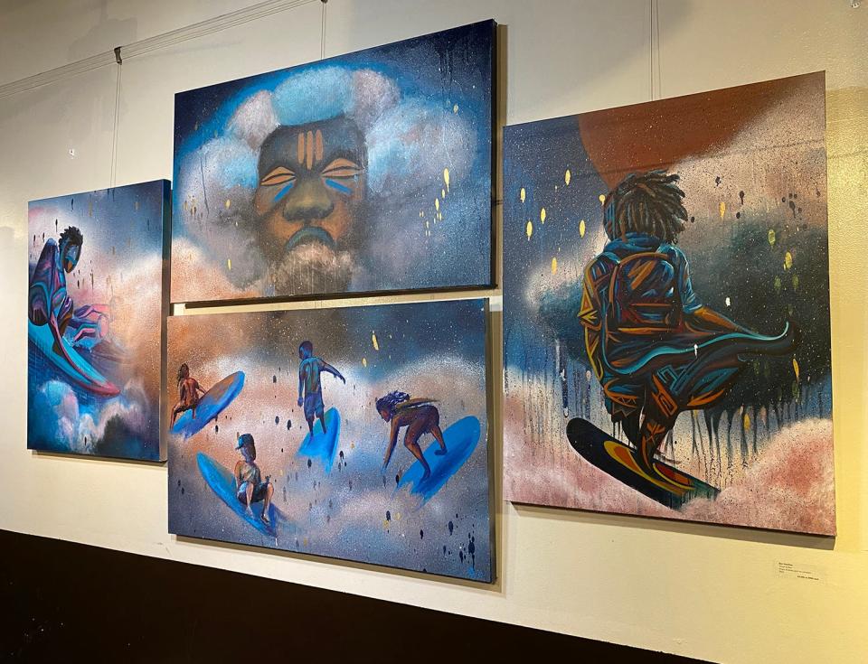 'Cloud Surfers' by Zay Hutchins, part of the Dripping Crown Chronicles at The Sentient Bean, 13 E. Park Ave.