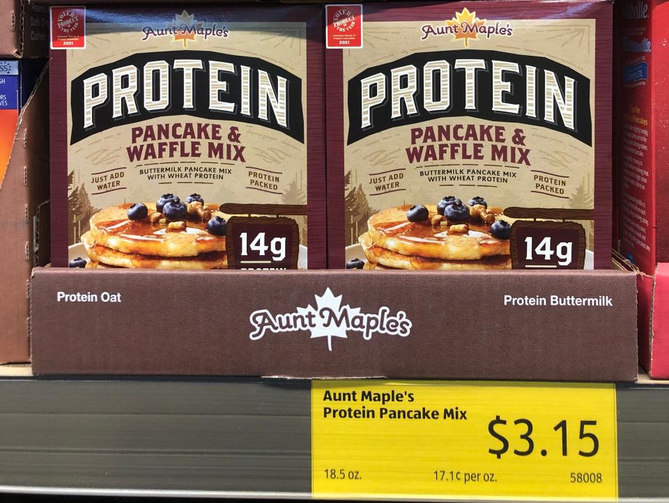 protein pancake and waffle mix in a display  at aldi