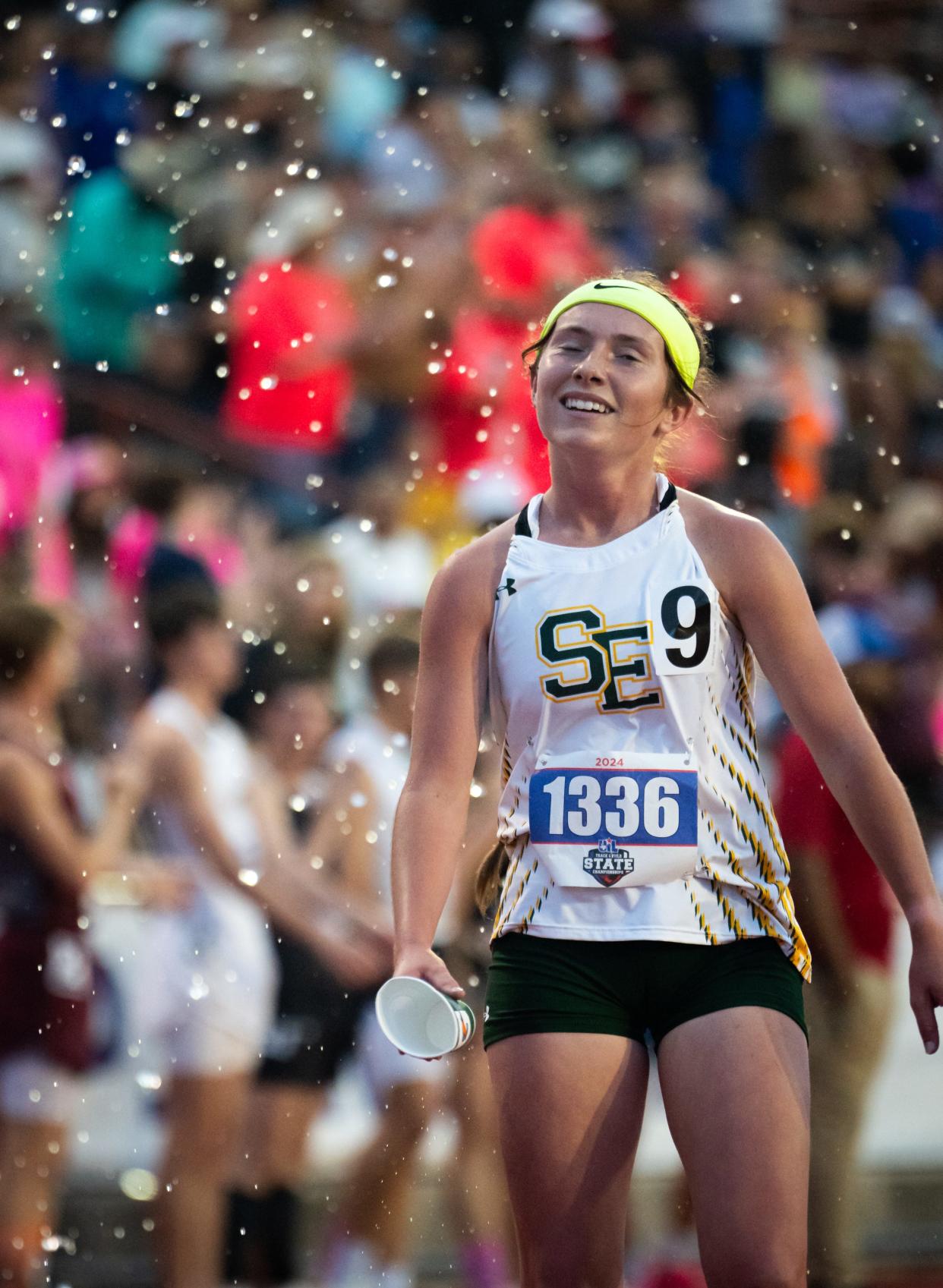 Springlake-Earth's Taytum Goodman celebrates after winning the 1,600 meters at the Class 1A UIL state track and field meet Saturday at Mike A. Myers Stadium in Austin.