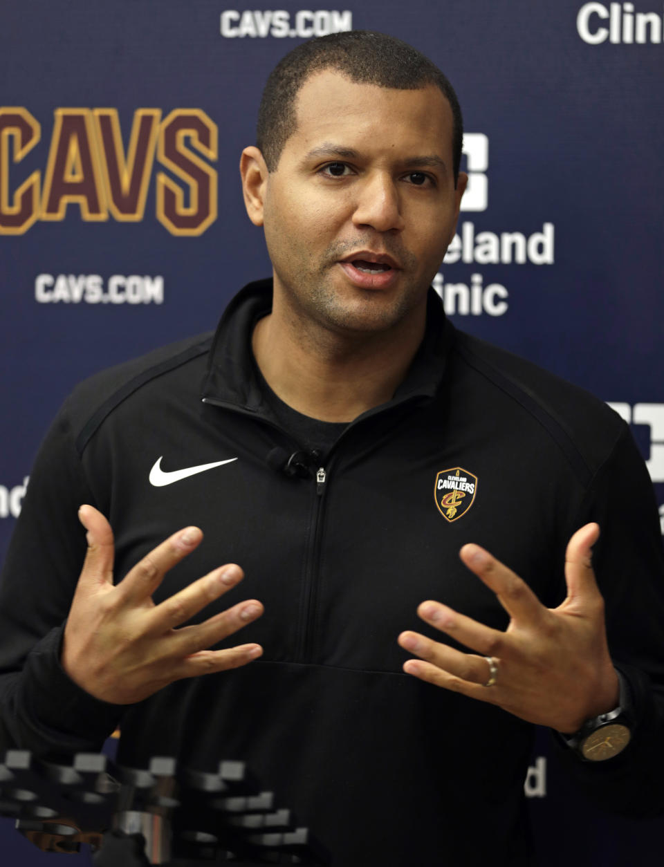 Cleveland Cavaliers general manager Koby Altman speaks to the media at the team's training facility, Friday, April 12, 2019, in Independence, Ohio. Once again, the Cavaliers are looking for a coach. The team parted ways with Larry Drew and have begun their search for his replacement to continue their rebuild. (AP Photo/Tony Dejak)