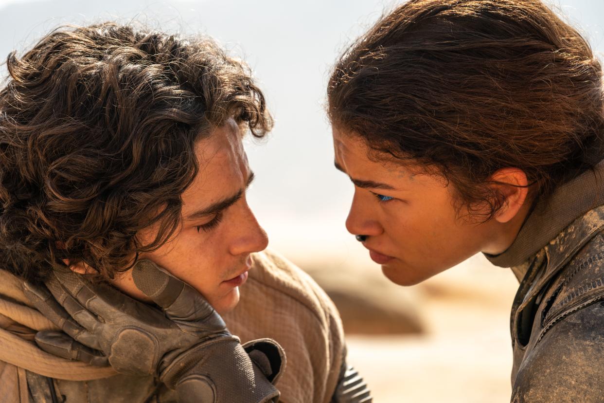 Paul Atreides (Timothée Chalamet) and Chani (Zendaya) grow closer as larger threats emerge in the sci-fi fantasy sequel "Dune: Part Two."