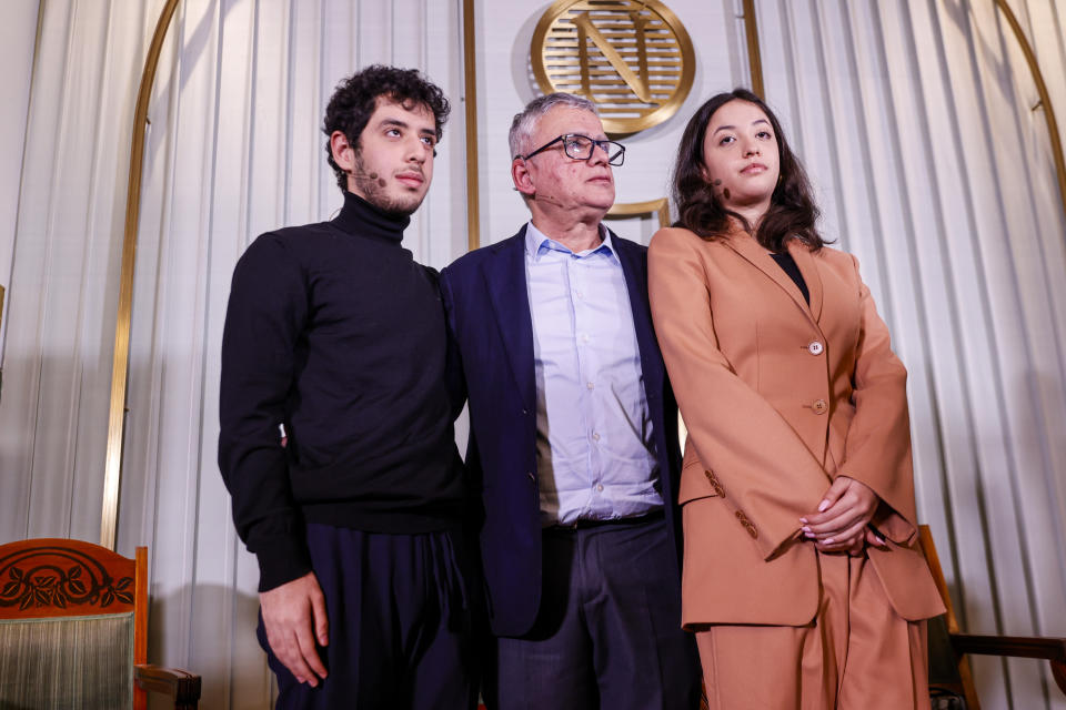 Ali, Taghi and Kiana Rahmani, the husband and children of this year's Nobel Peace Prize winner Kiana Rahmani, attend a press conference at the Nobel Institute in Oslo on Saturday, Dec. 9, 2023. Peace Prize winner Narges Mohammadi is imprisoned and is therefore represented by her immediate family. Mohammadi receives the peace prize for her fight against the oppression of women in Iran and the fight for human rights and freedom for all. (Frederik Ringnes/NTB via AP)