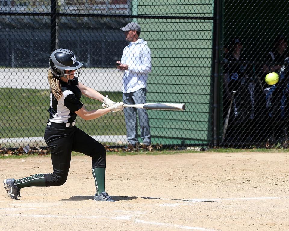 Marshfield's Sam Bongiolatti hits a single in the bottom of the sixth inning of their game against Hanover at Marshfield High School on Friday, April 22, 2022. 