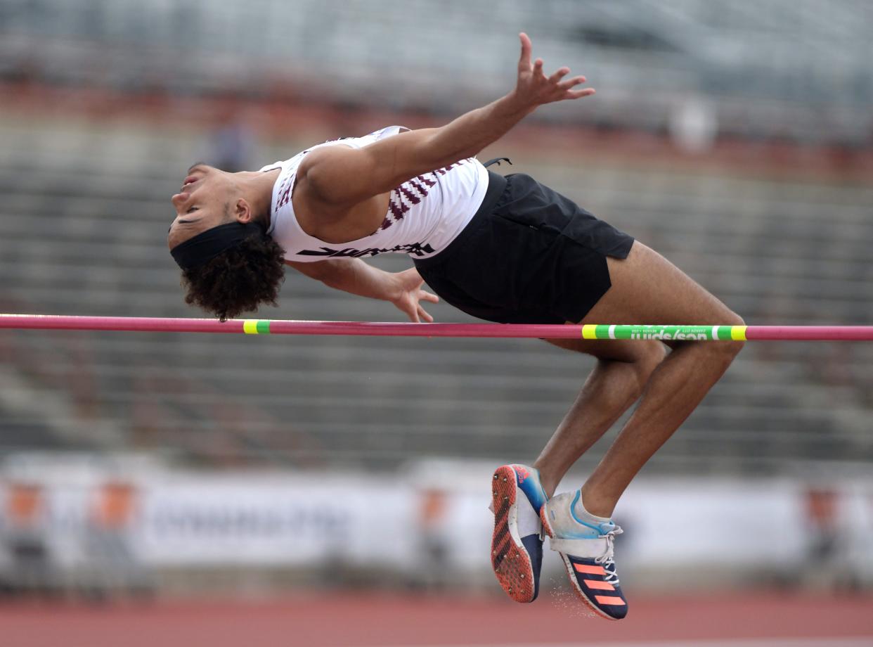 Vernon’s Kameron Plyler competes in high jump during the Class 3A UIL State track and field meet, Thursday, May 2, 2024, at Mike A. Myers Stadium in Austin.