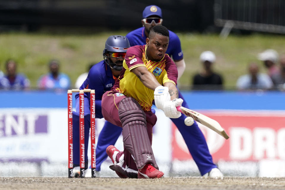 West Indies' Shimron Hetmyer bats during the fifth and final T20 cricket match against India, Sunday, Aug. 7, 2022, in Lauderhill, Fla. India won the match and the series. (AP Photo/Lynne Sladky)