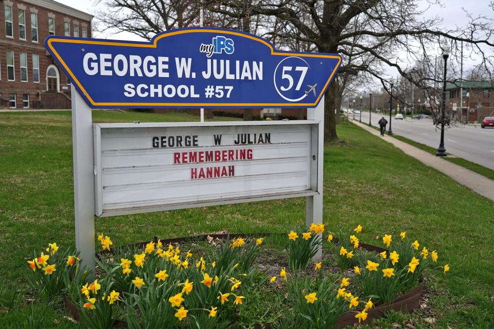 First grader Hannah Crutchfield is remembered on the marquis Tuesday, April 12, 2022 at George Julian School 57. Hannah was hit by a car and killed while walking home from school with her mother in 2021. Her mother and a crossing guard were also injured in the accident.