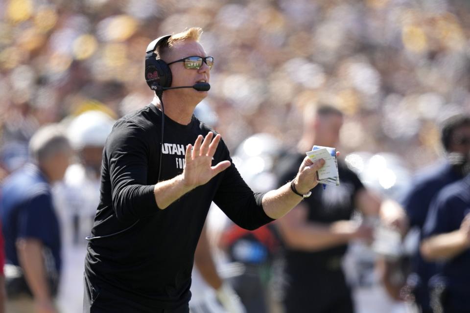 Utah State coach Blake Anderson watches from the sideline during loss to Iowa, Saturday, Sept. 2, 2023, in Iowa City, Iowa. The Aggies hope to rebound in their home opener Saturday night against Idaho State. | Charlie Neibergall, Associated Press