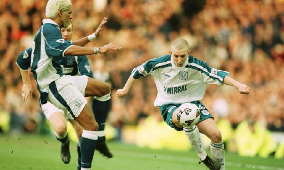 Andy Parkinson of Tranmere takes on Everton’s Abel Xavier of Everton during their Cup win at Goodison in 2001.