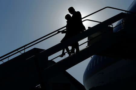 U.S. President Donald Trump and first lady Melania Trump arrive aboard Air Force One at Fiumicino Leonardo da Vinci International Airport in Rome, Italy May 23, 2017. REUTERS/Jonathan Ernst