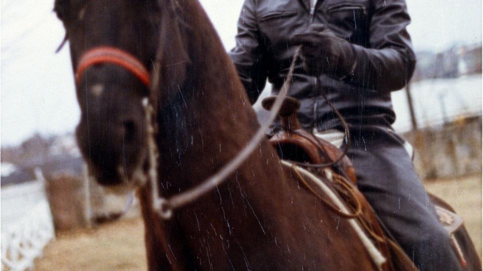 elvis presley holding the reins while riding one of his horses