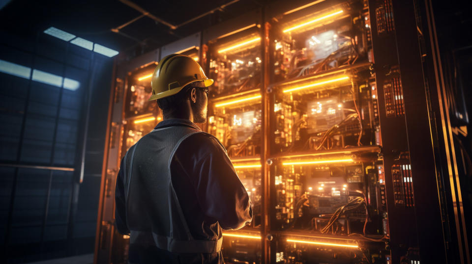 A technician in a hardhat examining a subsea battery system.