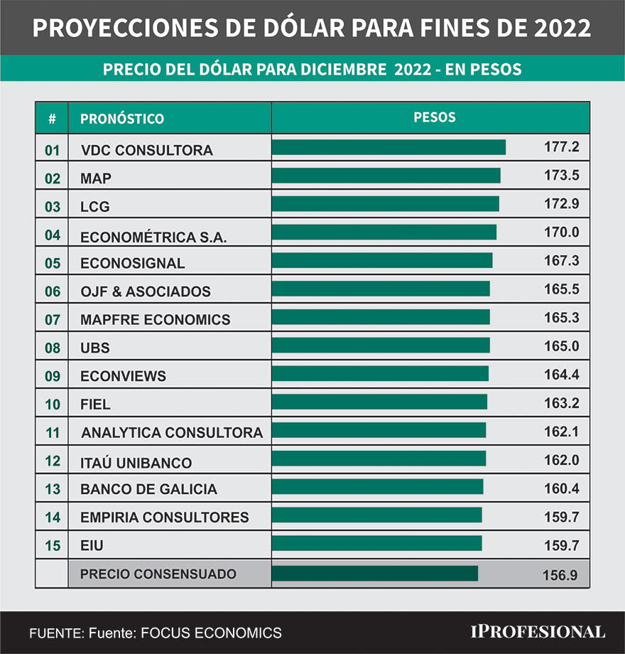 El precio más alto pronosticado para el dólar mayorista llega a $177 para fin de año.