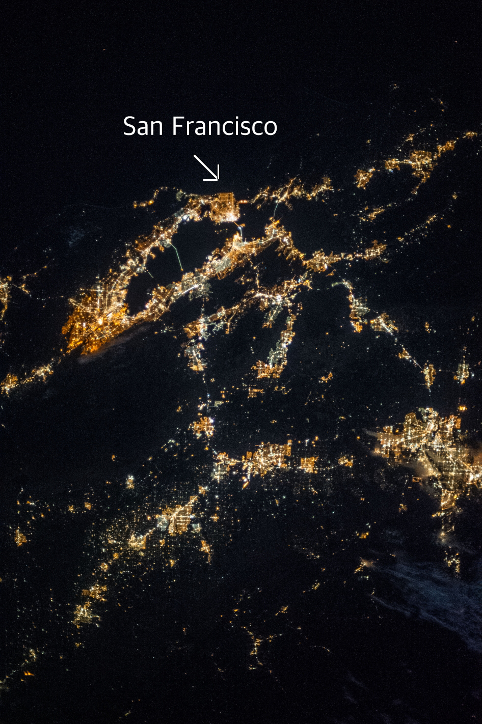An image from space shows the nighttime lights of Northern California in September 2013.
