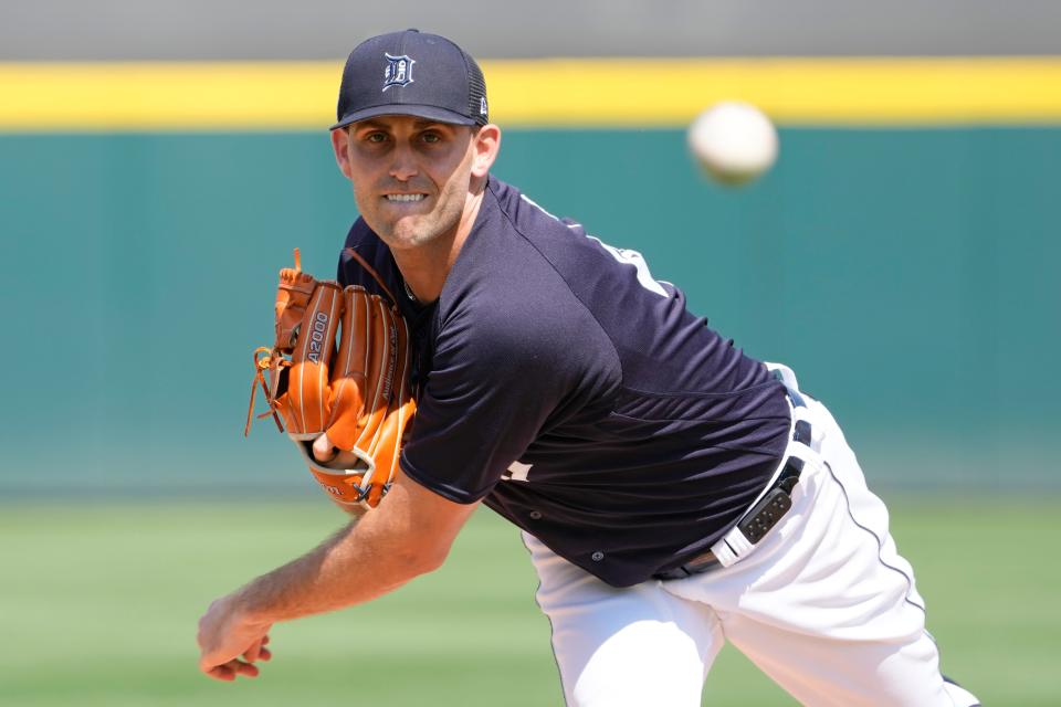 Tigers pitcher Matthew Boyd warms up before the spring training baseball game against the Cardinals on Tuesday, March 7, 2023, in Lakeland, Florida.