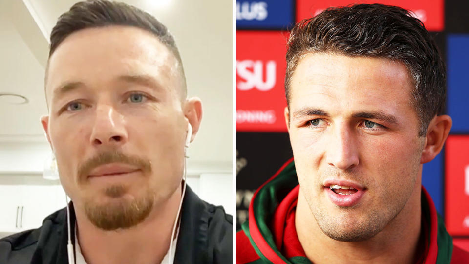 Sam Burgess (pictured right) during a media conference and Damien Cook (pictured left) during a live interview on NRL 360.