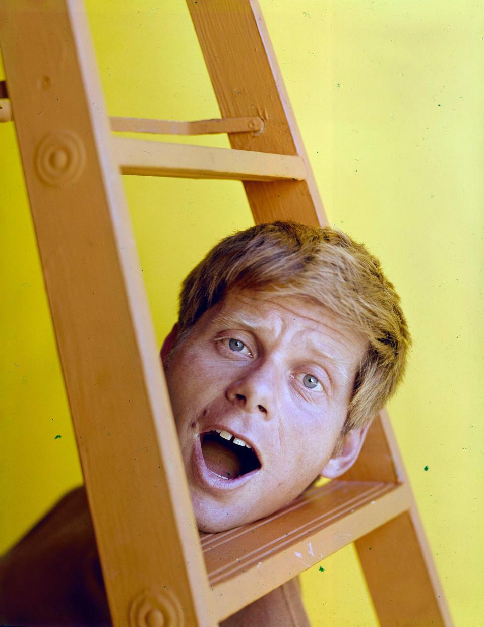 Robert Morse next to a ladder