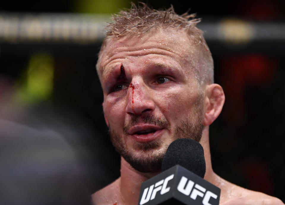 LAS VEGAS, NEVADA - JULY 24: T.J. Dillashaw reacts after his split-decision victory over Corey Sandhagen in their bantamweight fight during the UFC Fight Night event at UFC APEX on July 24, 2021 in Las Vegas, Nevada. (Photo by Jeff Bottari/Zuffa LLC)