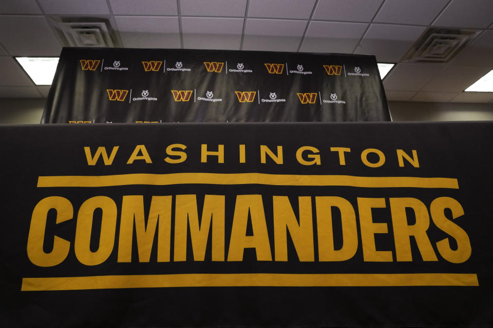 The Washington Commanders football team's name and logo is seen at the NFL football team's facility in Ashburn, Va., Thursday, Nov. 10, 2022. The attorney general for the District of Columbia said Thursday his office is filing a civil consumer protection lawsuit against the Washington Commanders, owner Dan Snyder, the NFL and Commissioner Roger Goodell. (AP Photo/Manuel Balce Ceneta)