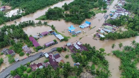 A flooded area is seen in Bengkulu, Indonesia, in this still image from video taken April 27, 2019, obtained from social media. EP CREATIVE PRODUCTIONS/via REUTERS