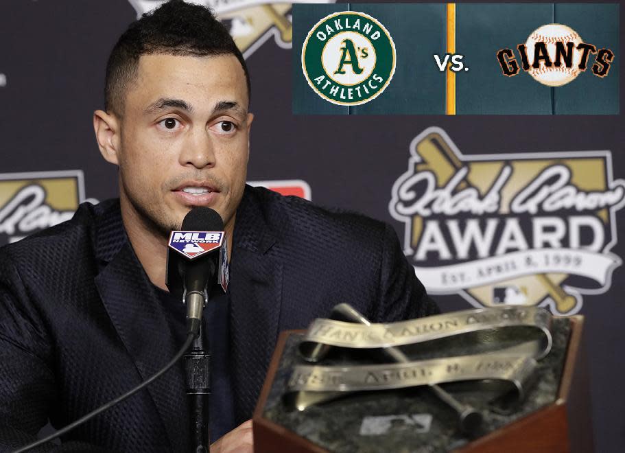 Giancarlo Stanton rejecting the Giants trade opened the door for the A’s to land a jab. (AP)