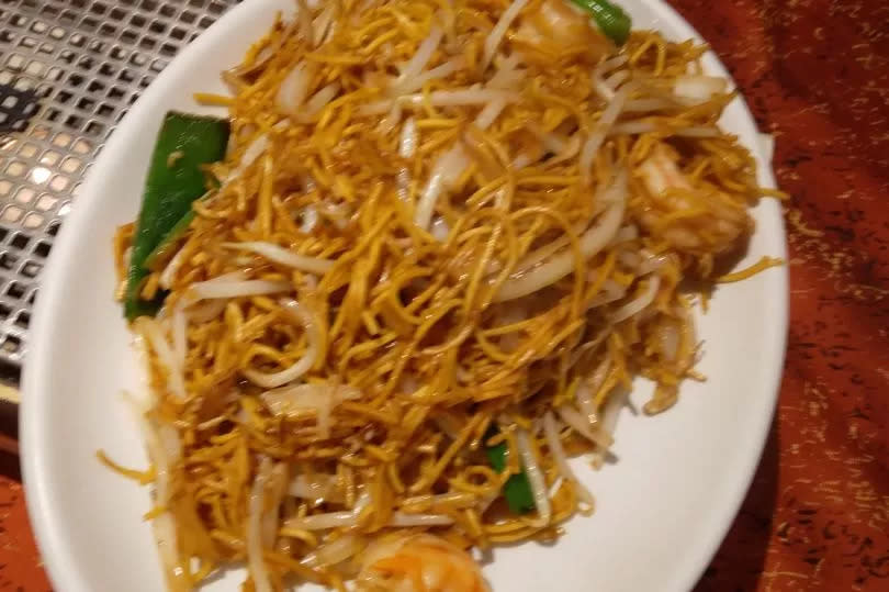 King prawn chow mein served at Water Margin, Driffield