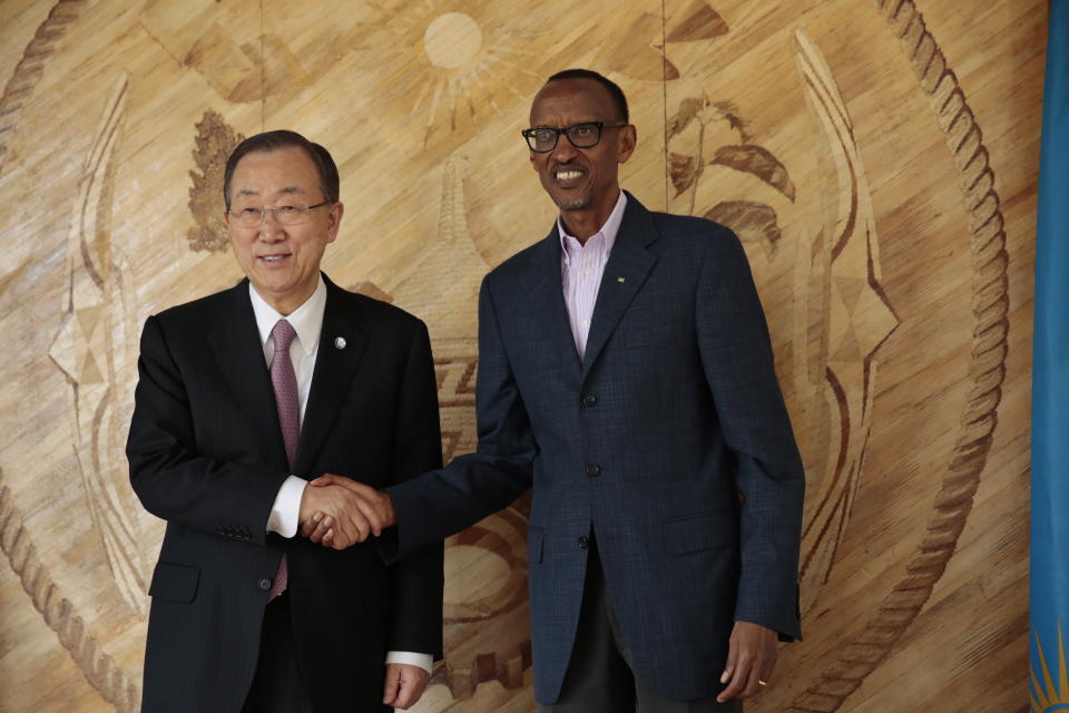 This photo provided by the United Nations, UN Secretary-General Ban Ki-Moon meets with President of Rwanda Paul Kagame at Urugwiro Village in Kigali, Rwanda on Sunday, April 6, 2014. (AP Photo/United Nations, Evan Schneider)