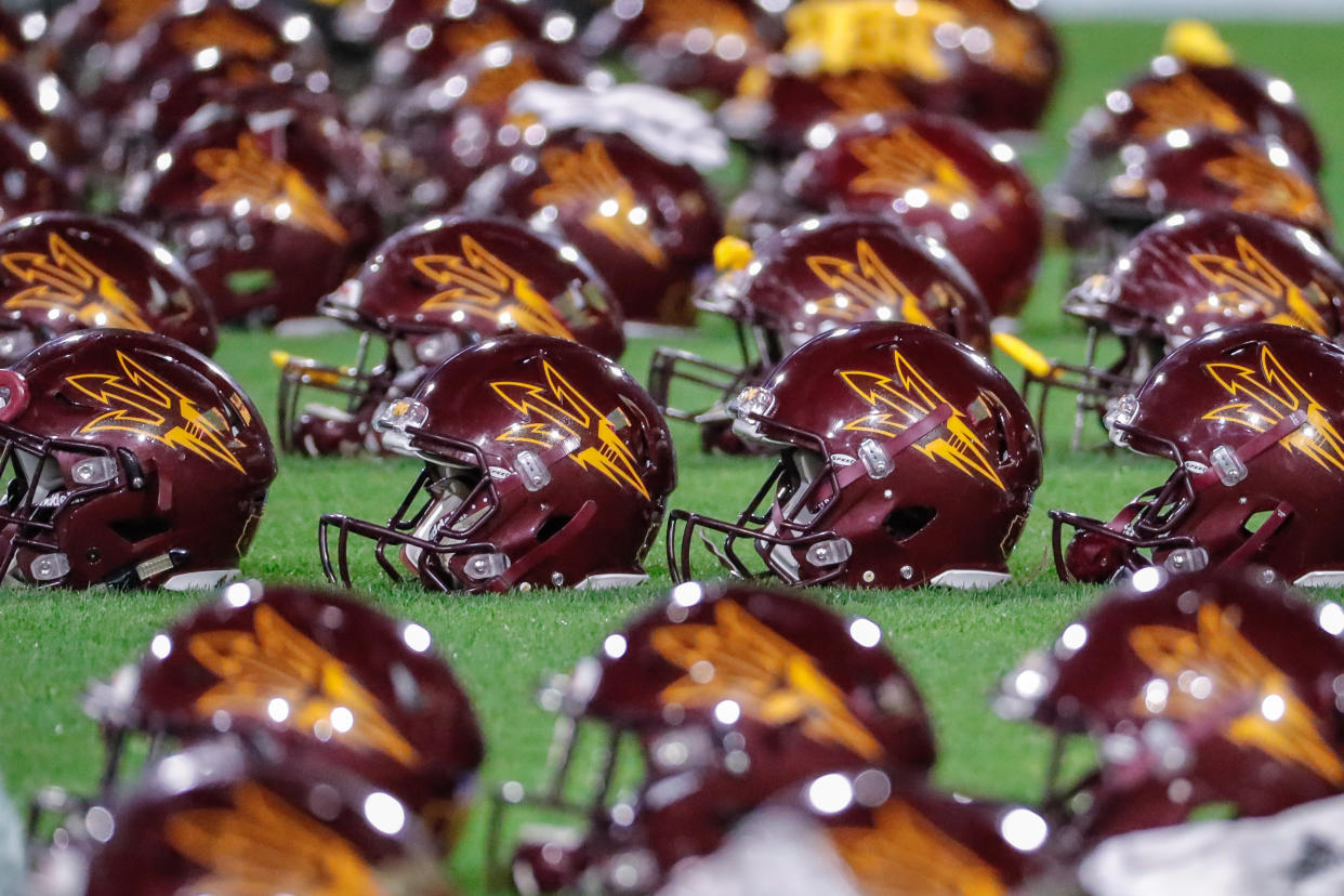 TEMPE, AZ - FEBRUARY 28:  Arizona State Sun Devils helmets on the field during the Arizona State Sun Devils spring football game on February 28, 2019 at Sun Devil Stadium in Tempe, Arizona. (Photo by Kevin Abele/Icon Sportswire via Getty Images)