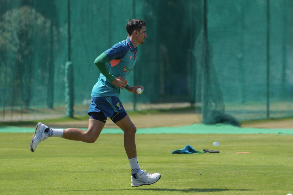 Australia's Mitchell Starc bowls in the nets ahead of their first one-day international match with India in Mohali, India, Thursday, Sept. 21, 2023. (AP Photo/Altaf Qadri)