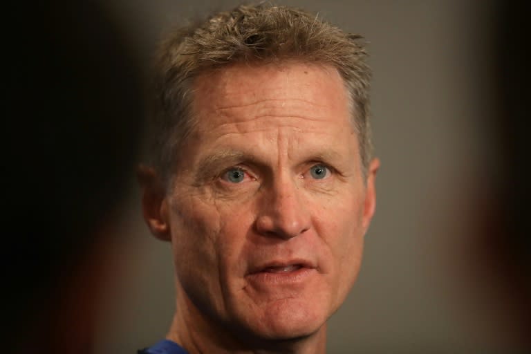 Head coach Steve Kerr of the Golden State Warriors speaks with the media during media availability for the 2017 NBA All-Star Game on February 17, 2017