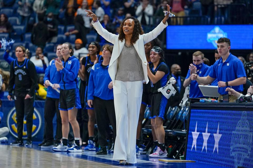 Kentucky head coach Kyra Elzy watches the action in the second half of the NCAA women's college basketball Southeastern Conference tournament championship game against South Carolina Sunday, March 6, 2022, in Nashville, Tenn. (AP Photo/Mark Humphrey)