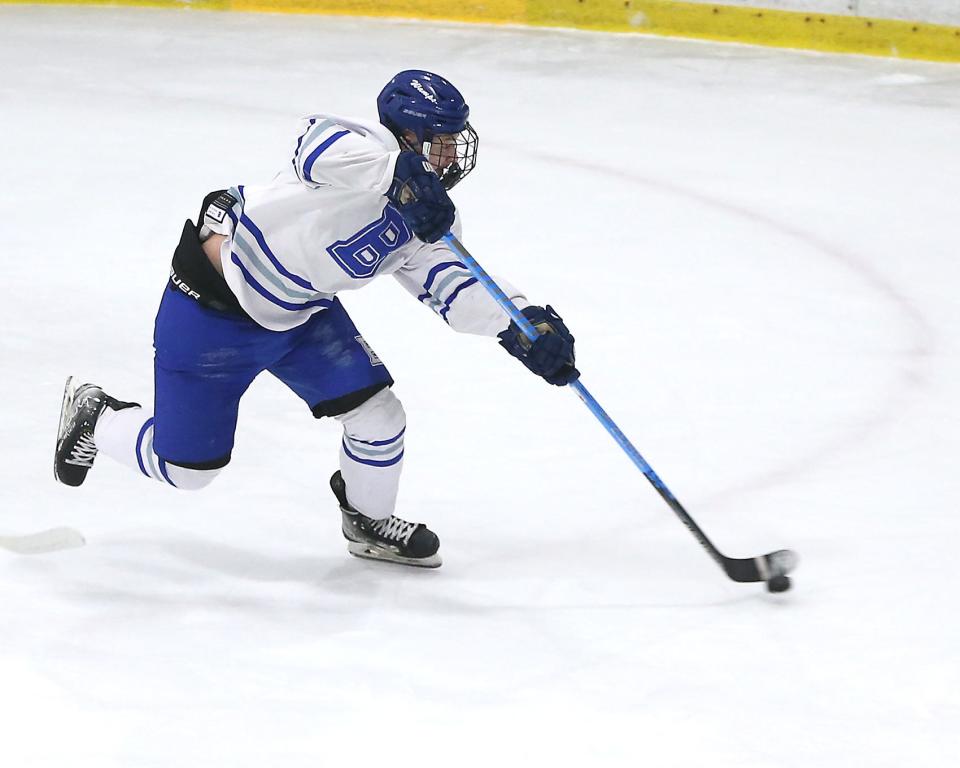 Braintree's Larry Graziano takes a shot on goal on a fast break opportunity during first period action of their game in the Round of 32 game in the Division 1 state tournament at Zapustas Ice Arena in Randolph on Wednesday, March 1, 2023.