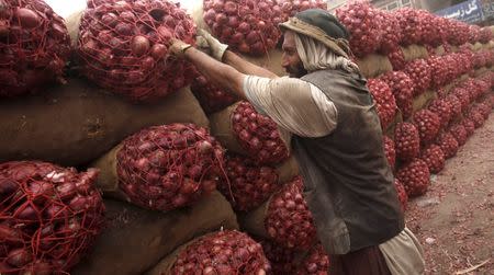 A labourer moves sacks of onions to a truck bound for Afghanistan at a transit depot in Peshawar, Pakistan September 15, 2015. REUTERS/Fayaz Aziz