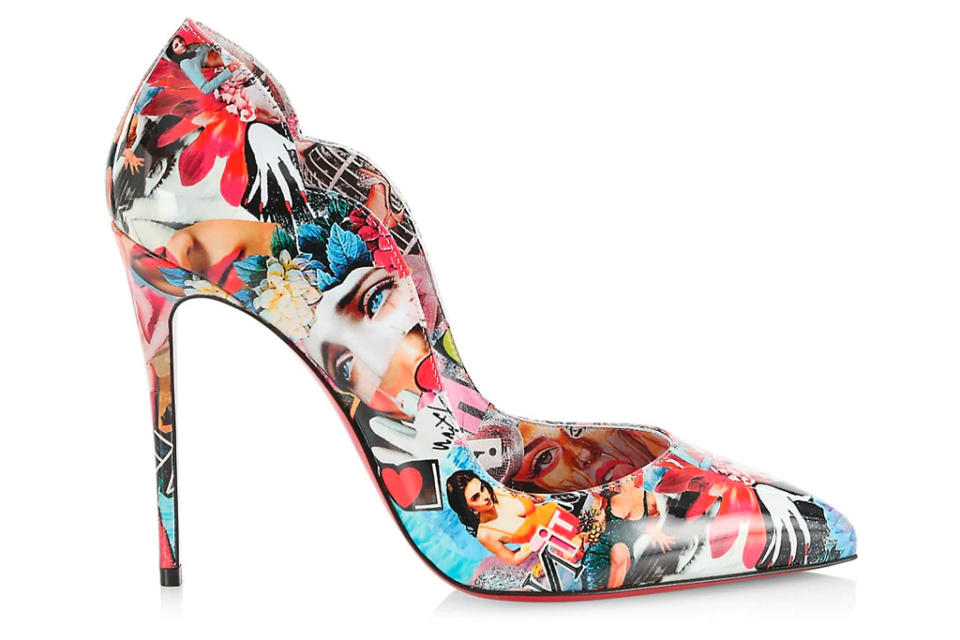 Christian Louboutin Hot Chick Collage-Print Patent Leather Pumps. - Credit: Courteys of Saks