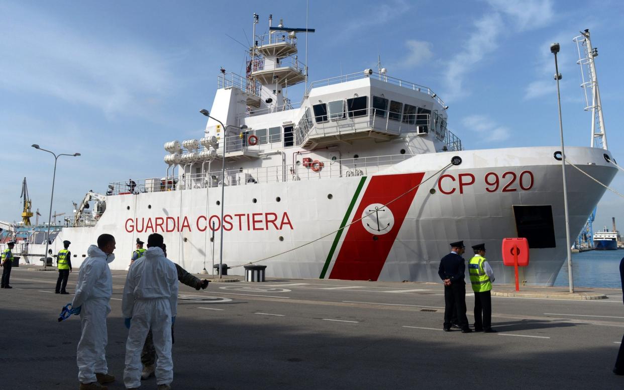 Italian Coast Guard vessel Bruno Gregoretti sits in the dock at Boiler Wharf, Senglea in Malta on April 20, 2015 - AFP