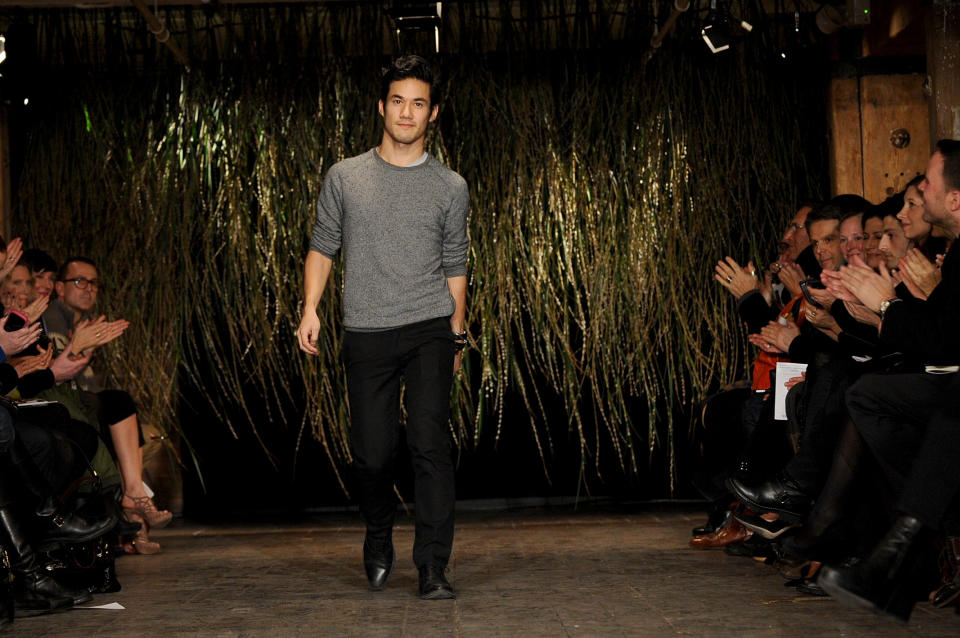 FILE - In this Feb. 11, 2012 file photo, designer Joseph Altuzarra greets the audience after his Altuzarra Fall 2012 collection is shown during Fashion Week in New York. Altuzarra says fashion has been a part of his life as long as he can remember, since boyhood in Paris. It started through a passion for drawing, which eventually became mostly fashion drawing. (AP Photo/Diane Bondareff, file)