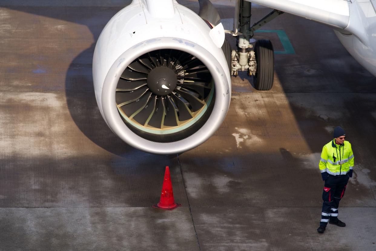 Close-up of flight engine of Swiss Airbus airplane at Zürich Airport on a sunny winter day. Photo taken January 19th, 2022, Zurich, Switzerland.