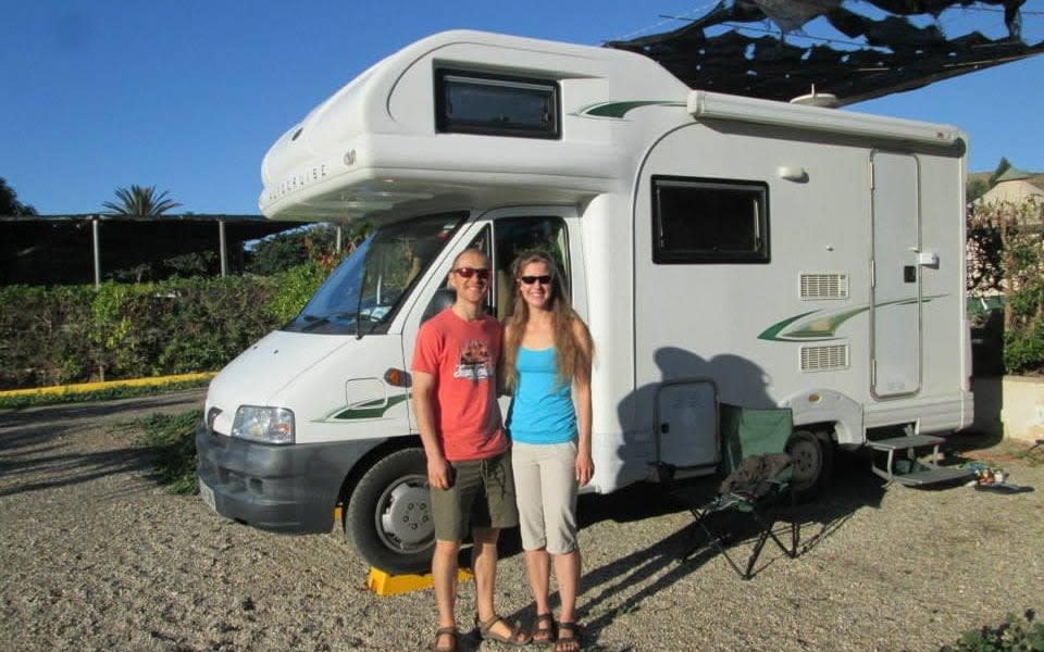 Ms Dingley is pictured with Mr Colgate as they set off in their European tour in 2014, pictured with their camper van which they nicknamed 'Homer' - Facebook